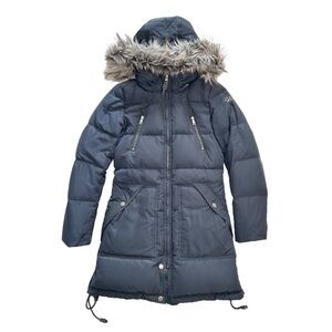 ONLY Rhonda Women's Quilted Hooded Faux Fur Trim Navy Blue Winter Coat
